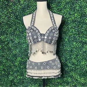 2 pc Belly Dance Bra Coin Set Halter Mirrored Silver Sz M